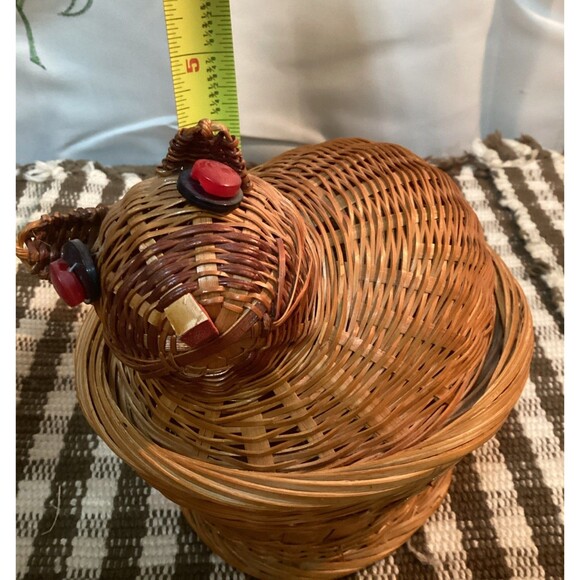 Cute Natural Color Kitty Cat Kitten Woven Basket Removable Lid Red Button Eyes - Picture 13 of 14